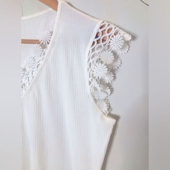 Boho White Lace Crochet Ribbed V Neck Cap Sleeve Fitted Boutique Top Size XL - Picture 5 of 6